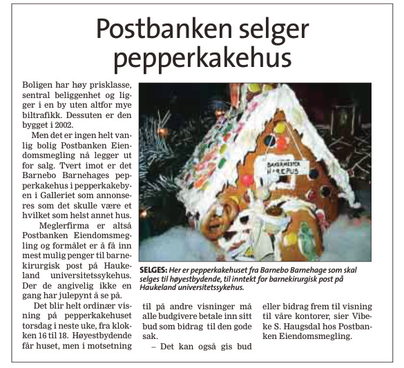 Avisutklipp om Barnebo Barnehages pepperkakehus på boligvisning i 2002.