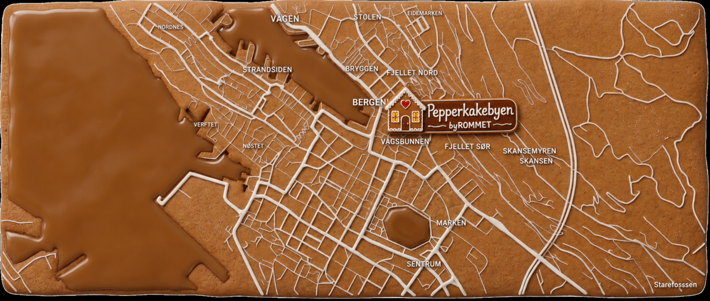Illustrasjon av Bergen sentrum som et pepperkakekart.